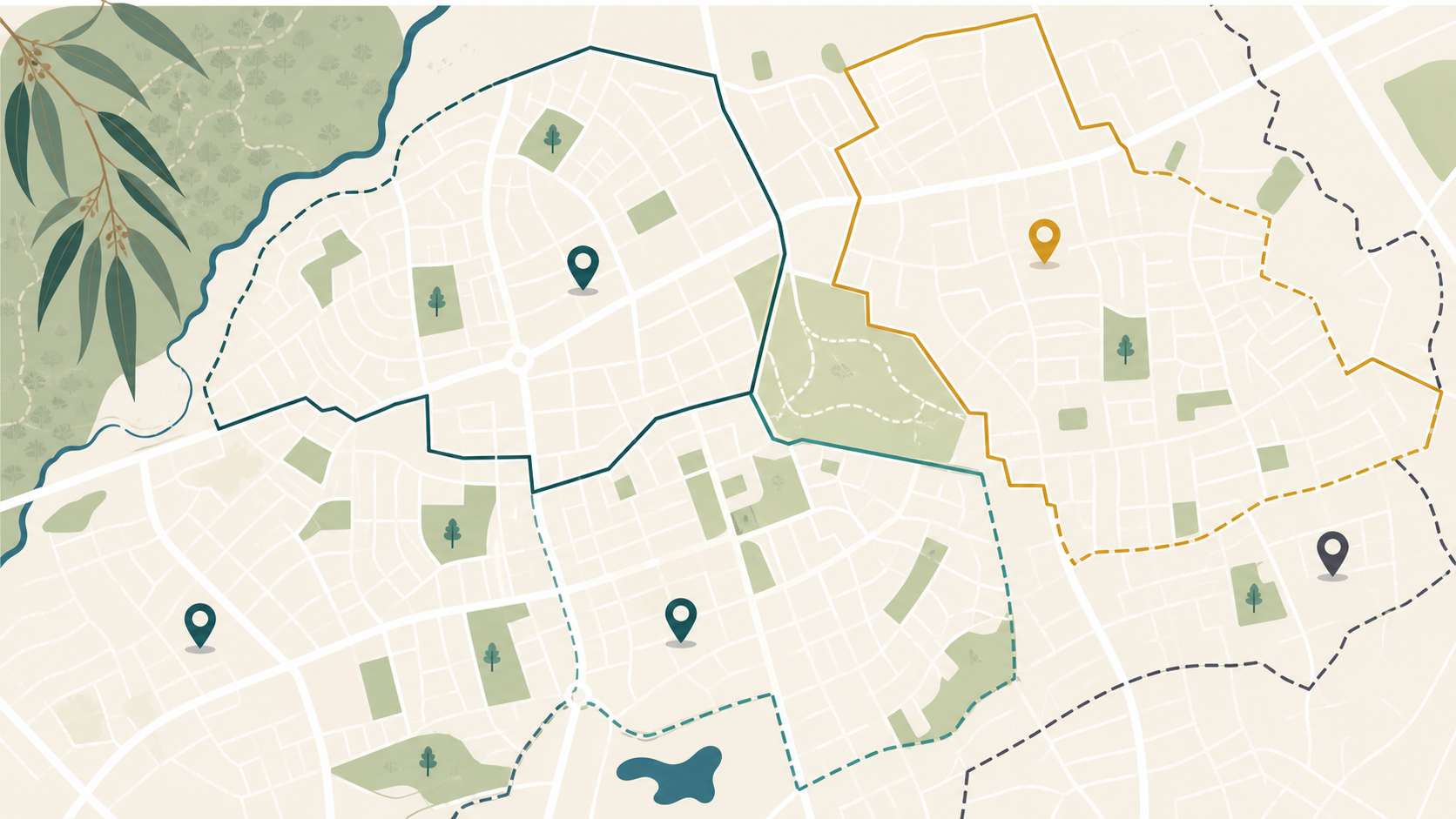 Abstract school catchment map with boundary lines and location markers